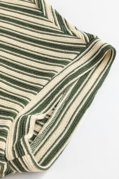 Stripe Textured Side Slit Crew Neck T-Shirt