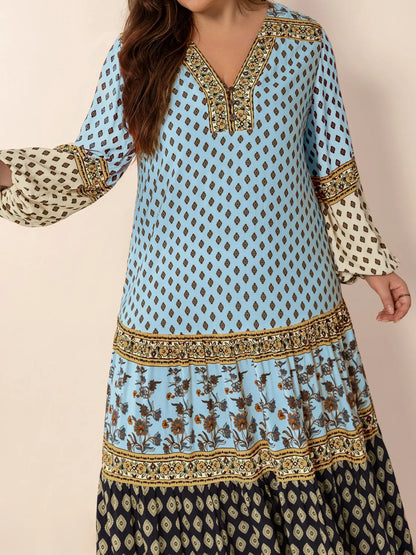 Plus Size Printed V-Neck Balloon Sleeve Maxi Dress