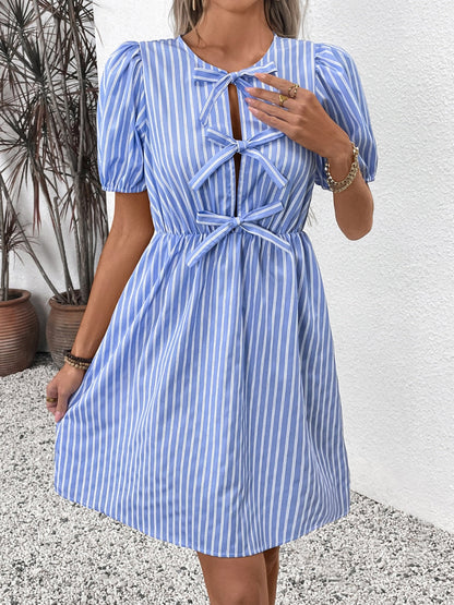 Perfee Tied Striped Short Sleeve Mini Dress