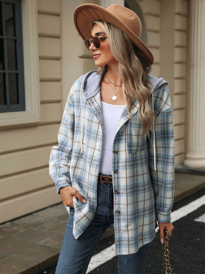 Drawstring Plaid Button Up Hooded Jacket