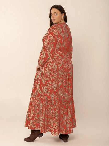 Plus Size Lace Detail Printed Balloon Sleeve Midi Dress