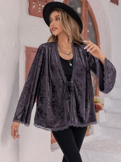 Tied Lace Detail Long Sleeve Cardigan
