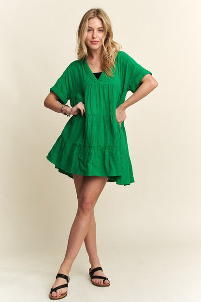 ADORA Tiered Notched Short Sleeve Dress