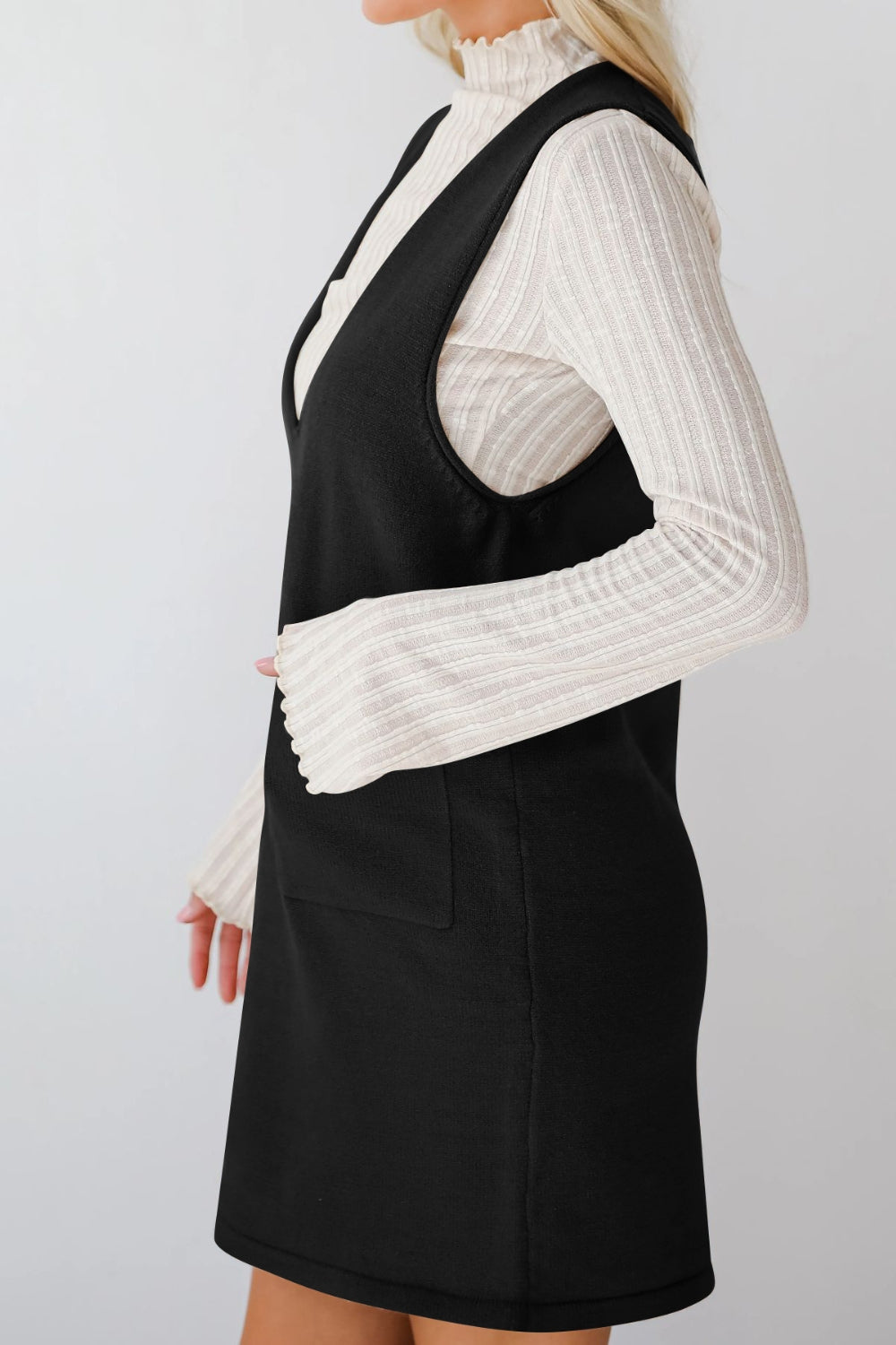 Lovelet Pocketed V-Neck Mini Sweater Overall Dress