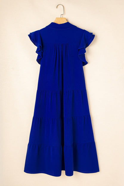 Ruffled Short Sleeve Collared V Neck Tiered Midi Dress