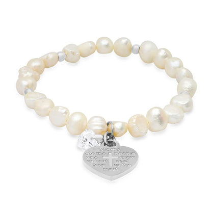Ladies Freshwater Pearls Heart Charm Swarovski Crystal Beaded Bracelet
