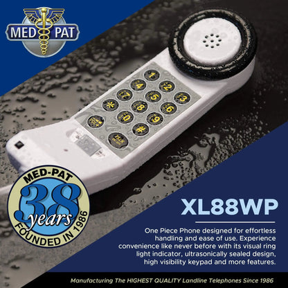 Med‑Pat XL88WP Waterproof One‑Piece Telephone – Visual Ring Light, Full‑Range Volume, High‑Visibility Keypad (White)