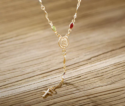 Unisex 14K Gold Multicolor Virgin Mary Necklace - Made In Brazil