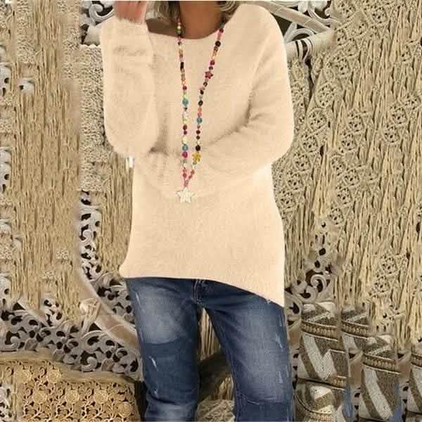 Women's Fashion Autumn and Winter Long Sleeve Knitted Sweaters Solid Color Warm Pullover Tops