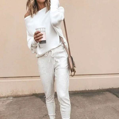 Women's Fashion Off Shoulder Long Sleeve Sweater Casual Long Sleeved Sweatshirt Top