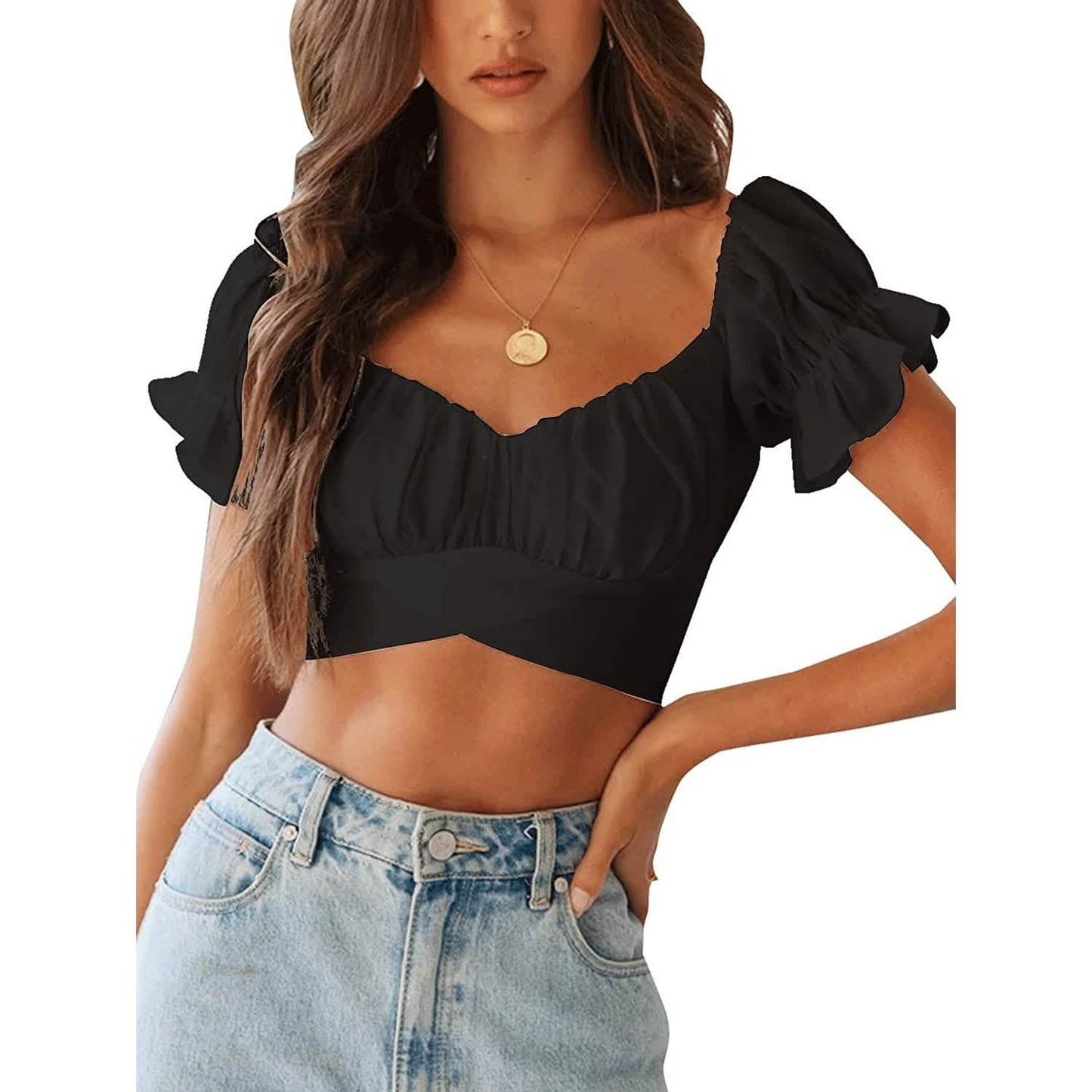 Women's Ruffle Short Sleeve Tie Shirt