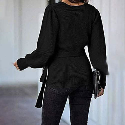 Women’s V Neck Balloon Sleeve Ribbed Wrap Chunky Knit Tunic Top